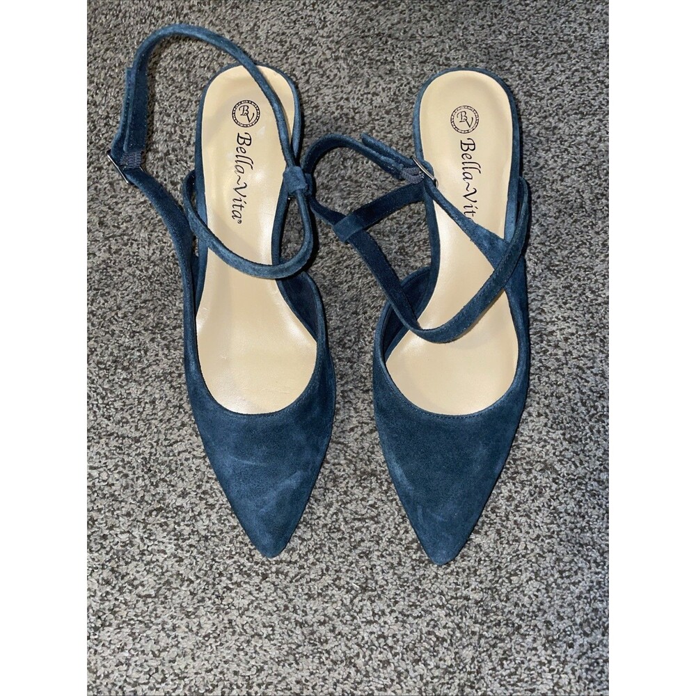 Bella Vita Navy Suede Pointed Toe Mary Jane Heels Open Back Size 9 Kitten Heel - Picture 2 of 7